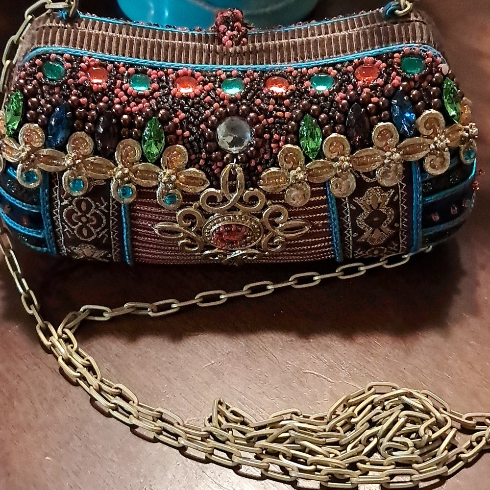 Mary Frances Teal and Brown Beaded Evening Clutch with Gold Chain